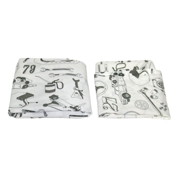 Land of Nod Pit Crew Flat Crib Sheet & Std Pillowcase Cars Tools Race Theme - Picture 2 of 7
